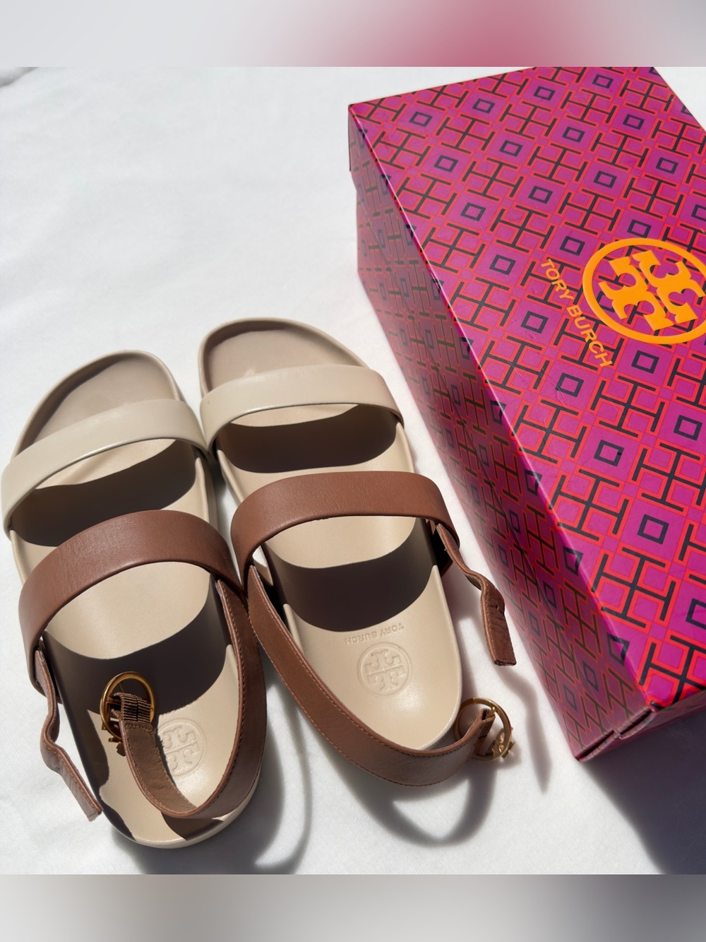 Tory Burch Beige and Brown Leather Slide Sandals with Gold Buckle